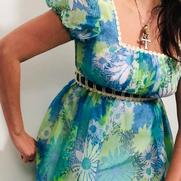 Vintage 1960’s Floral Teal Blue Chiffon Maxi Dress - Picture 6 of 13